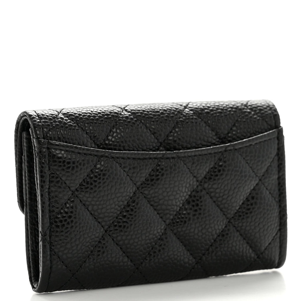 Caviar Quilted Flap  Holder Wallet Black