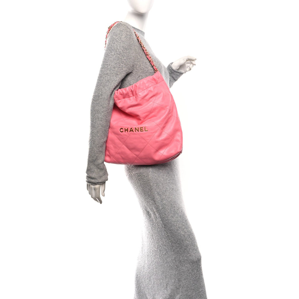 Shiny Calfskin Quilted Chanel 22 Drawstring Bag Pink
