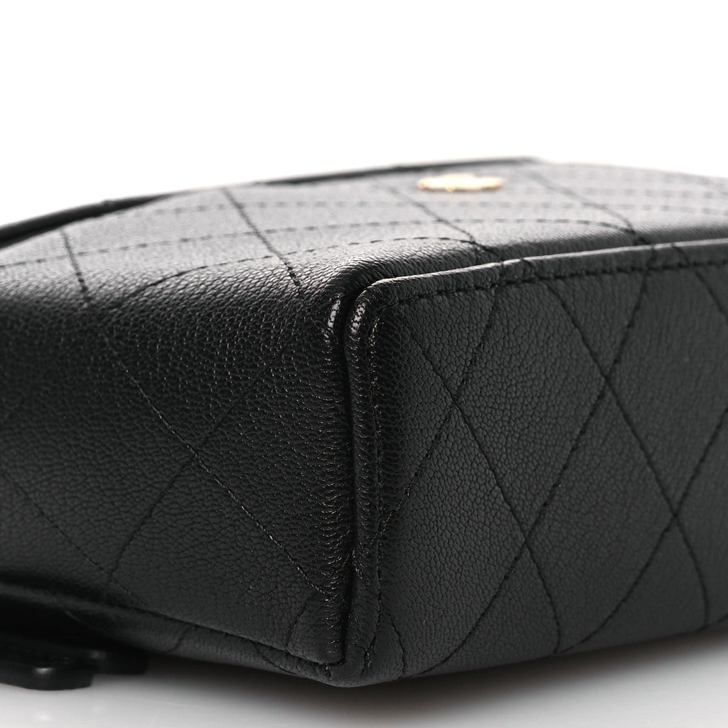 Goatskin Stitched Top Handle Slim Vanity With Chain Black