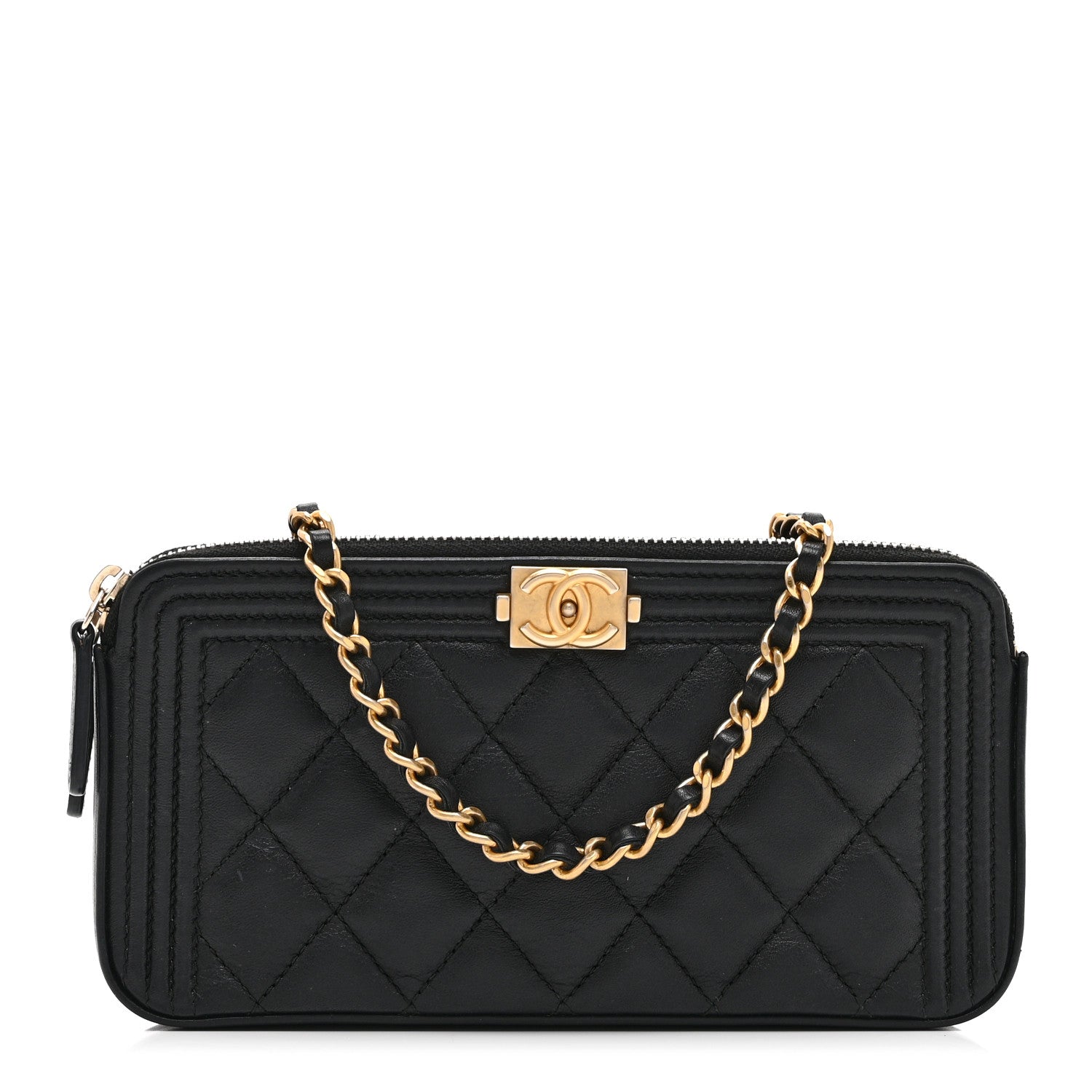 Calfskin Quilted Small Boy Clutch With Chain Black