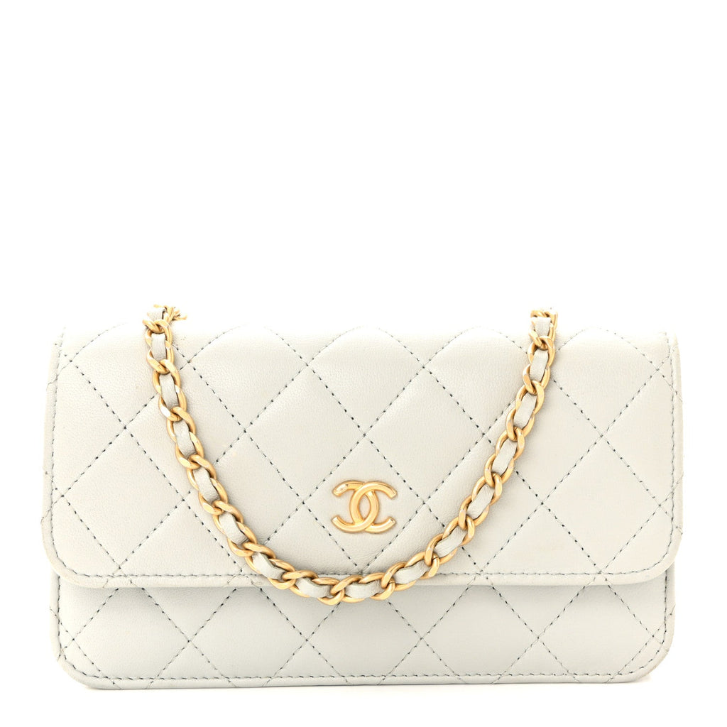 Lambskin Pearl Crush Quilted Flap Phone Holder With Chain Light Grey