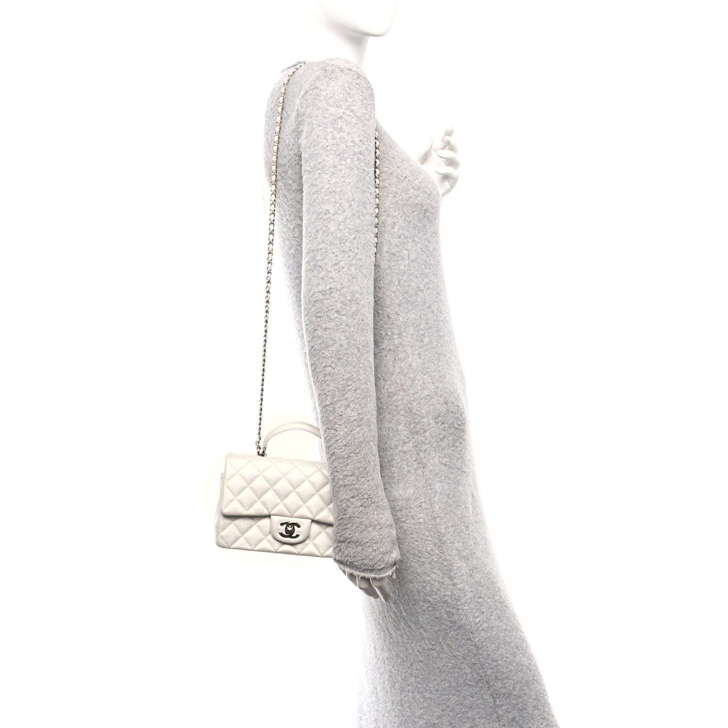 Metallic Caviar Quilted Mini Top Handle Rectangular Flap White
