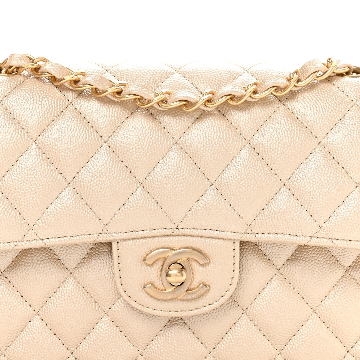 Metallic Caviar Quilted Small Double Flap Beige