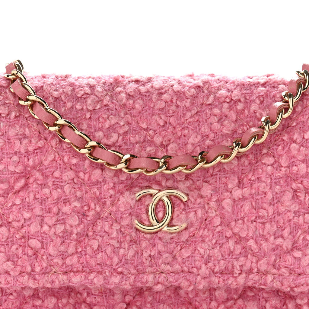 Tweed Quilted Flap Chain Waist Bag Pink