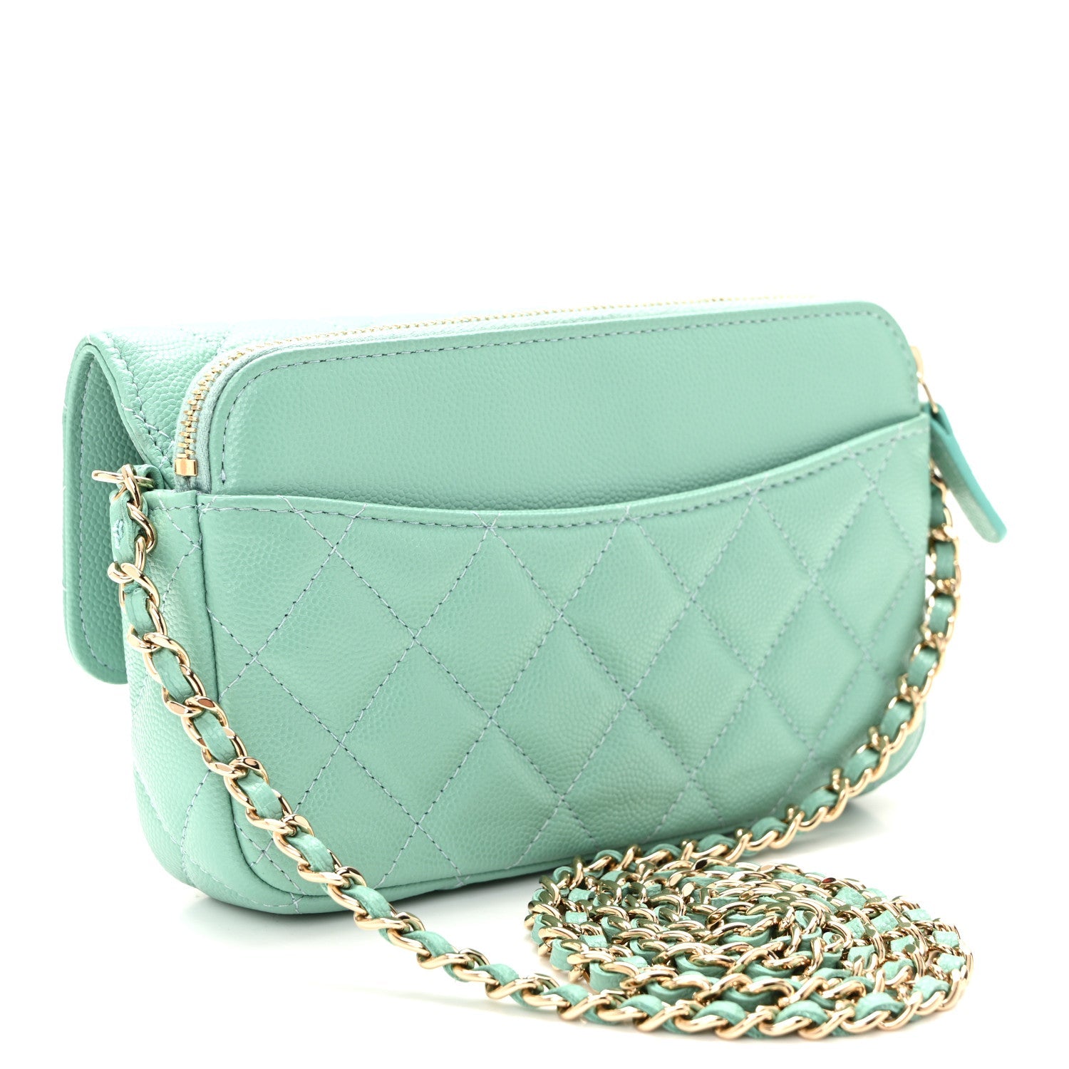 Caviar Quilted Flap Phone Holder With Chain Turquoise