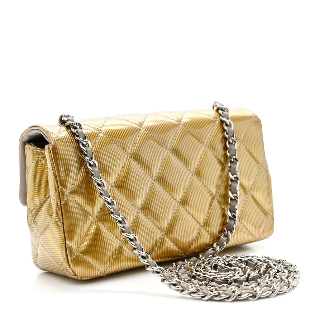 Striated Patent Quilted Extra Mini Rectangular Flap Gold
