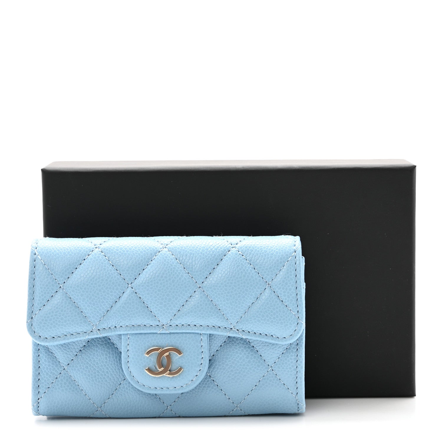 Caviar Quilted Flap  Holder Wallet Light Blue