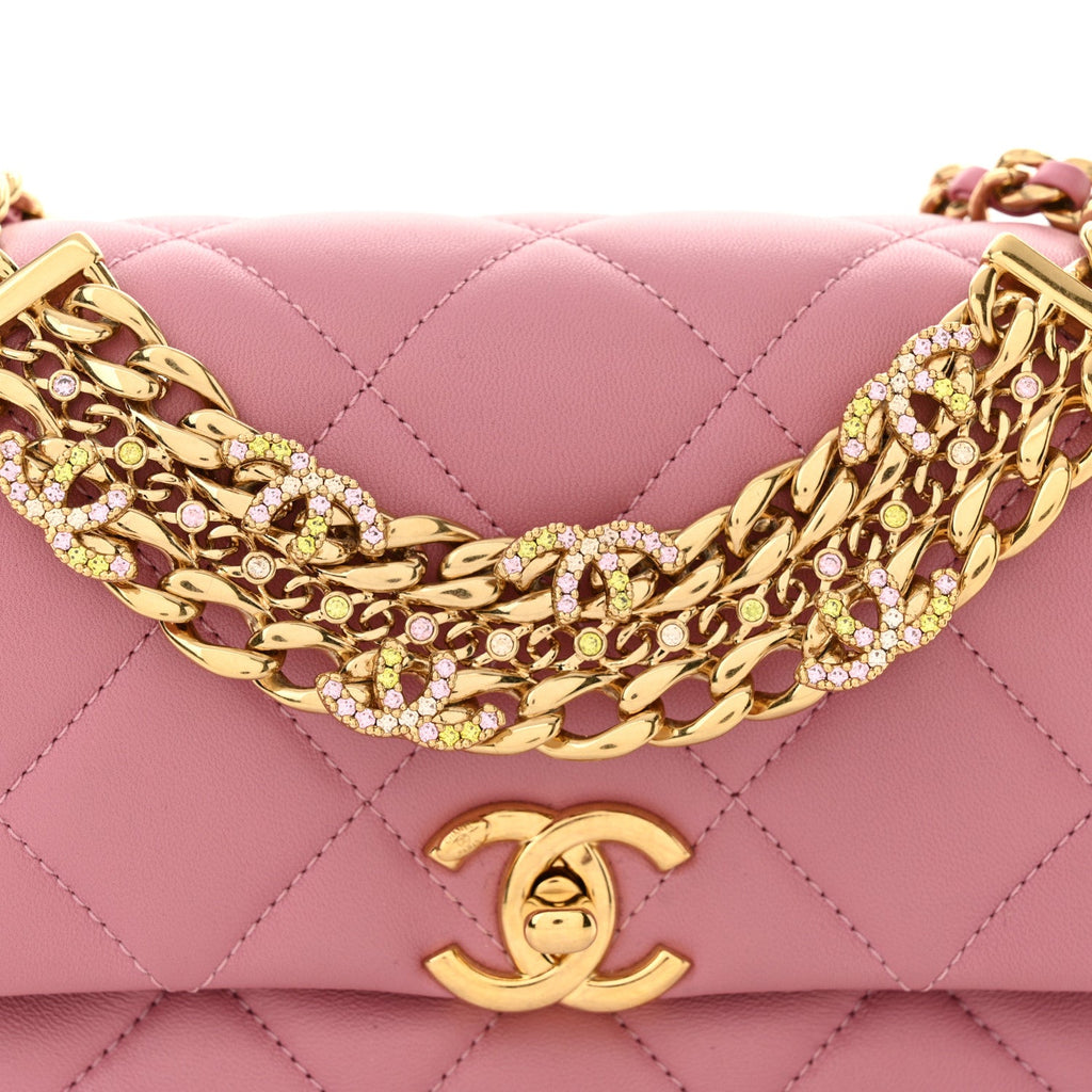Lambskin Quilted Mini CC Crystal Logo Chain Flap Pink