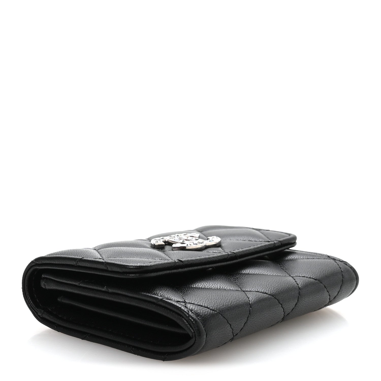 Lambskin Quilted Flap Baguette Crystal  Holder Wallet Black