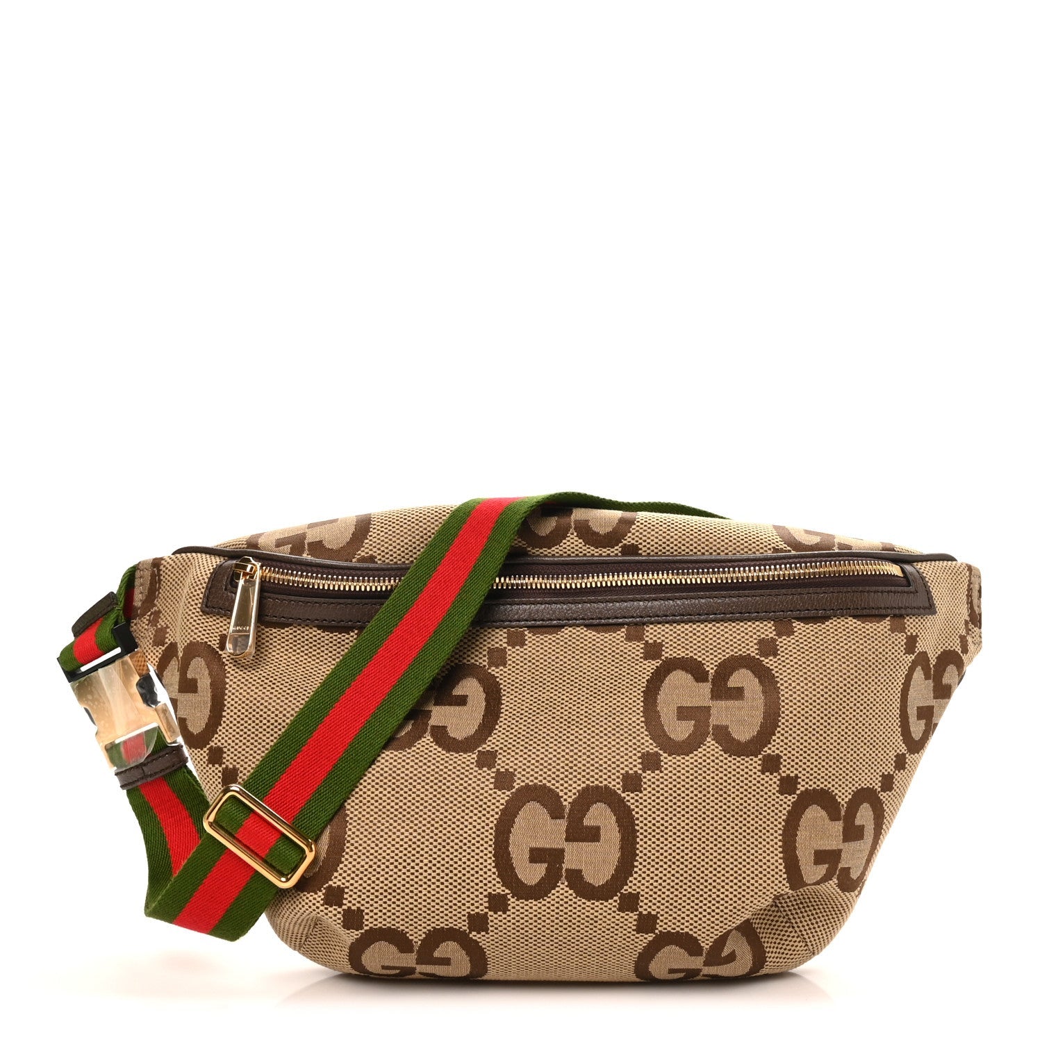 Monogram Jumbo GG Textured Dollar Calfskin Web Belt Bag Camel Ebony New Acero