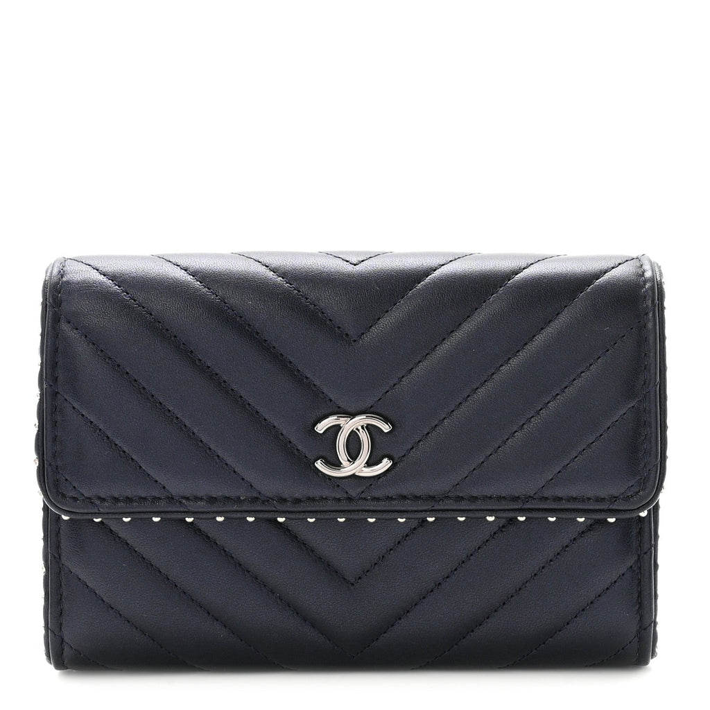 Lambskin Chevron Quilted Studded Small Flap Wallet Navy Blue