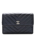 Lambskin Chevron Quilted Studded Small Flap Wallet Navy Blue