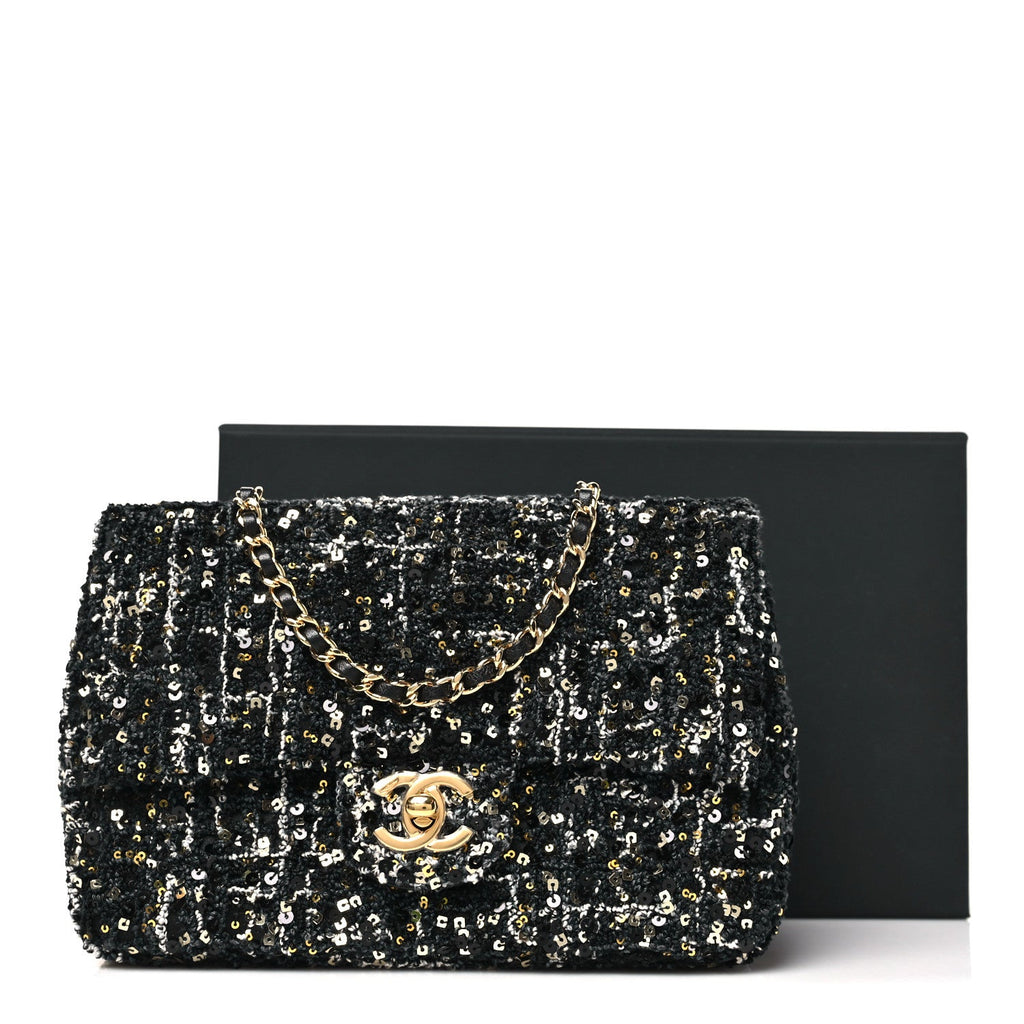 Tweed Sequin Small Single Flap Black Silvery Golden