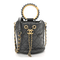 Metallic Lambskin Quilted Pearl Crown Drawstring Bag Anthracite