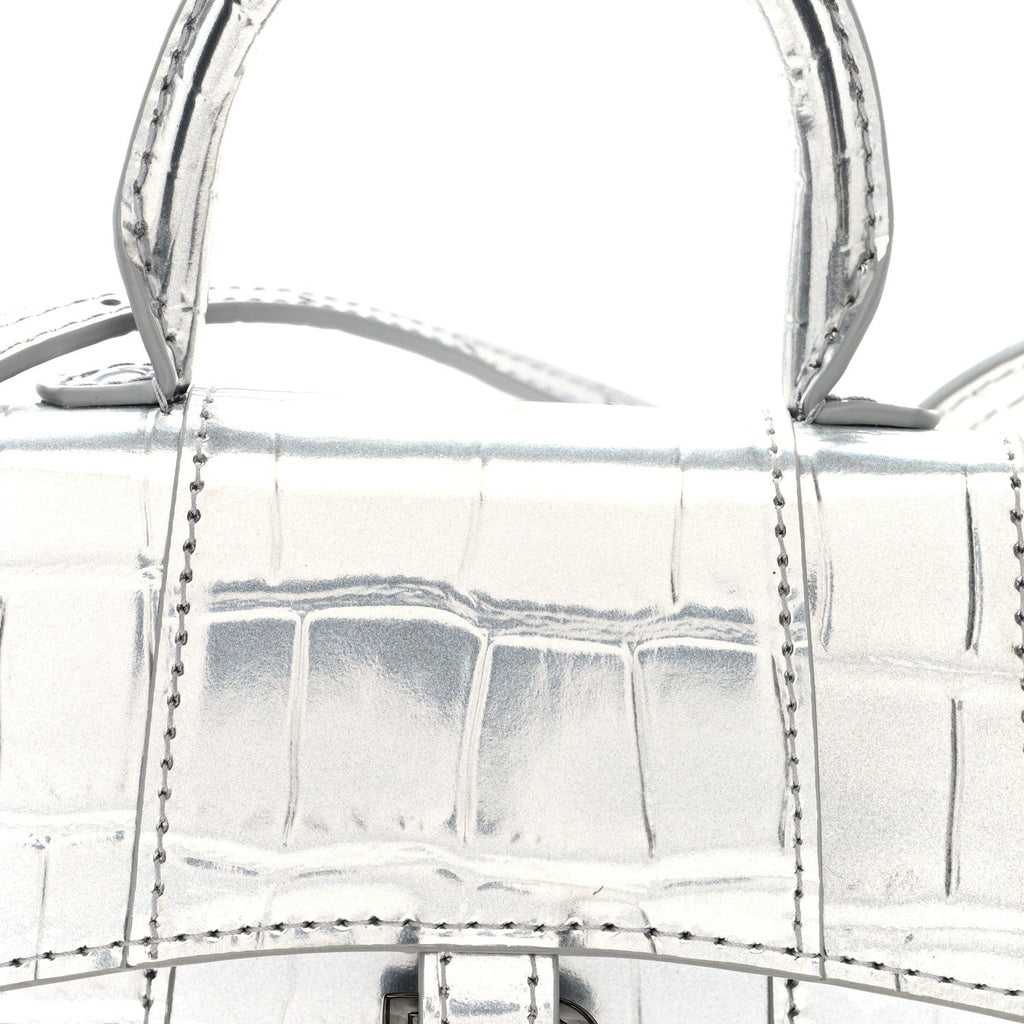 Metallic Calfskin Crocodile Embossed Hourglass Top Handle Bag Mini Silver