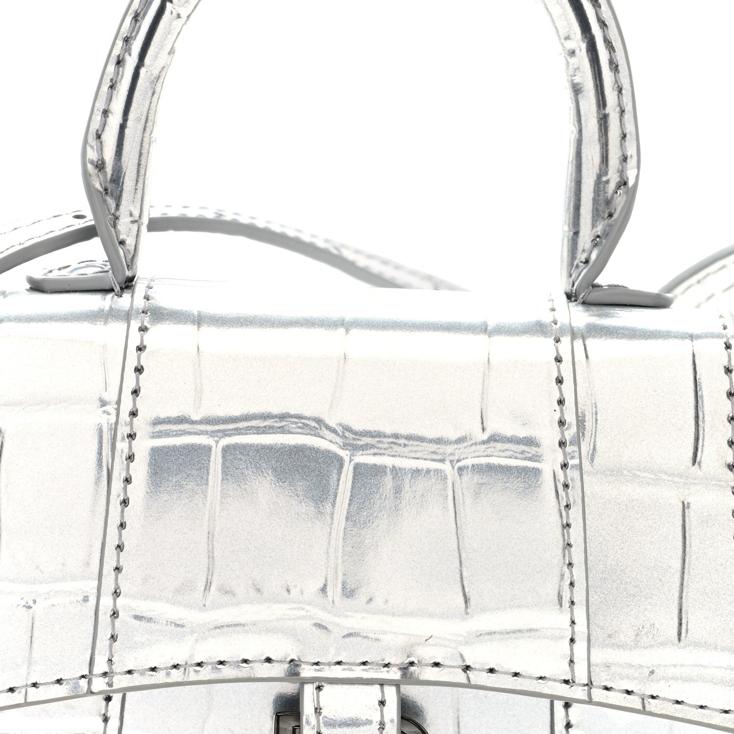 Metallic Calfskin Crocodile Embossed Hourglass Top Handle Bag Mini Silver