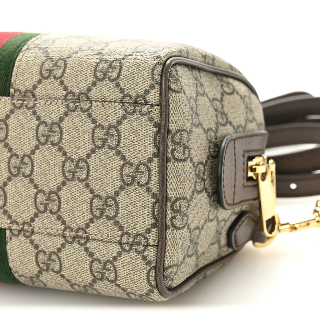 GG Supreme Monogram Textured Dollar Calfskin Web Mini Ophidia Top Handle Bag Beige Ebony New Acero