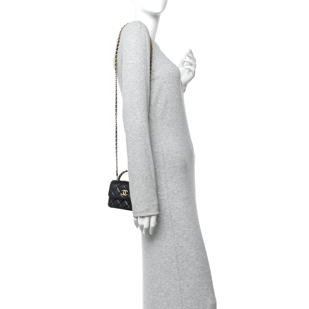 Lambskin Quilted Chain Top Handle Clutch With Chain Black