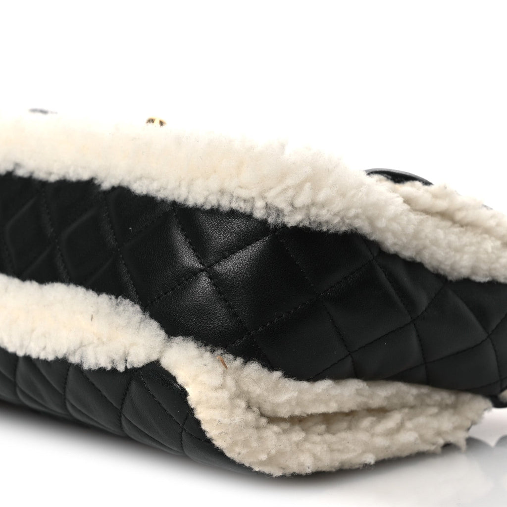 Lambskin Shearling Large CC Flap Bag Black White