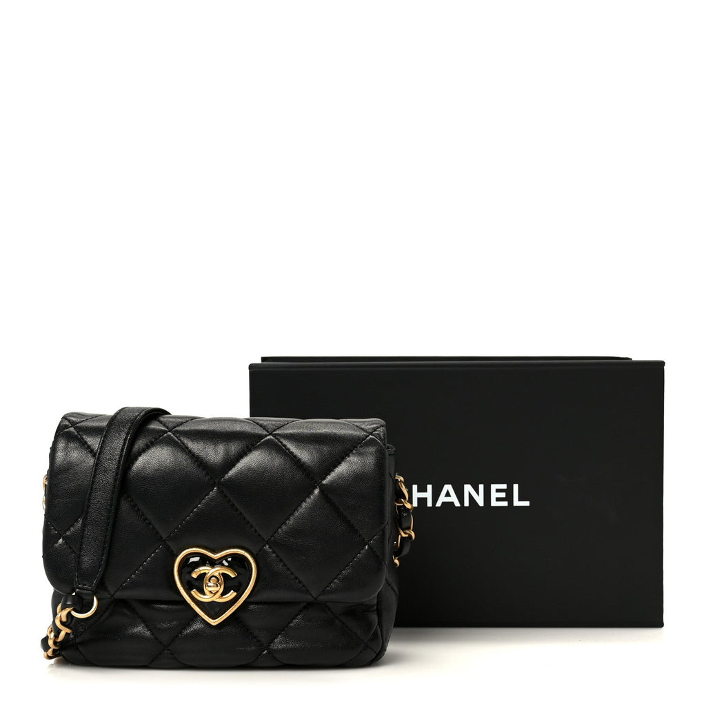 Lambskin Resin Quilted Mini Heart Square Flap Black