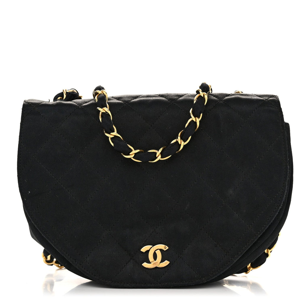 Satin Quilted Half Moon Flap Black
