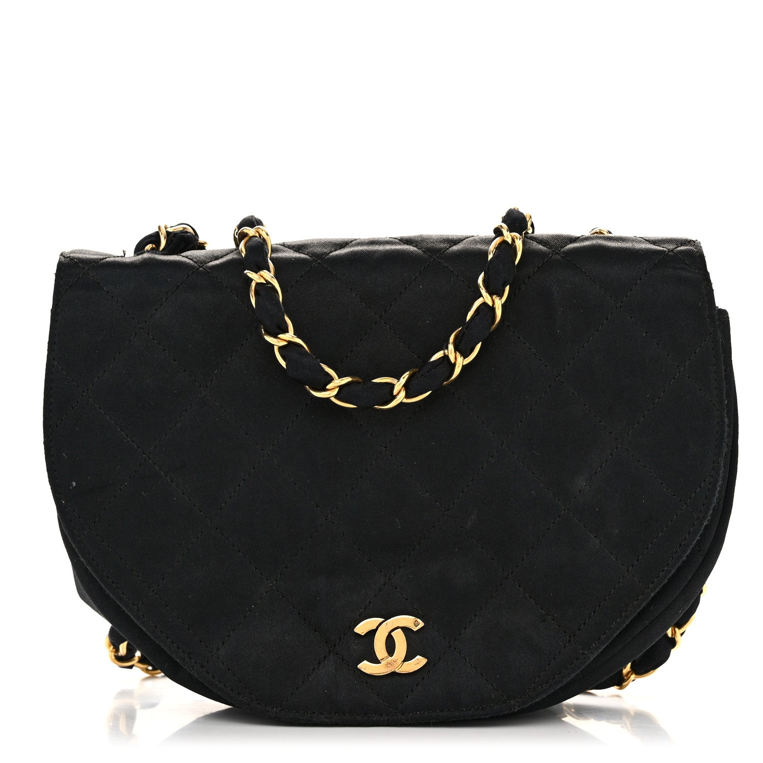 Satin Quilted Half Moon Flap Black