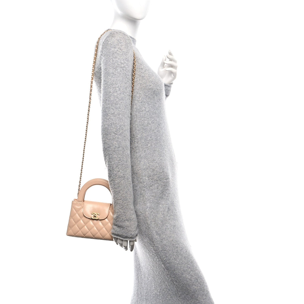 Shiny Aged Calfskin Quilted Nano Kelly Shopper Beige