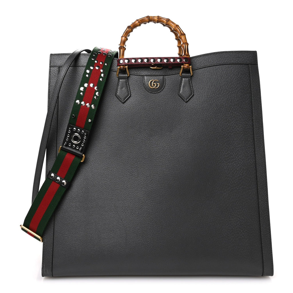 Textured Dollar Calfskin Web Studded Maxi Diana Tote Bag Graphite Grey