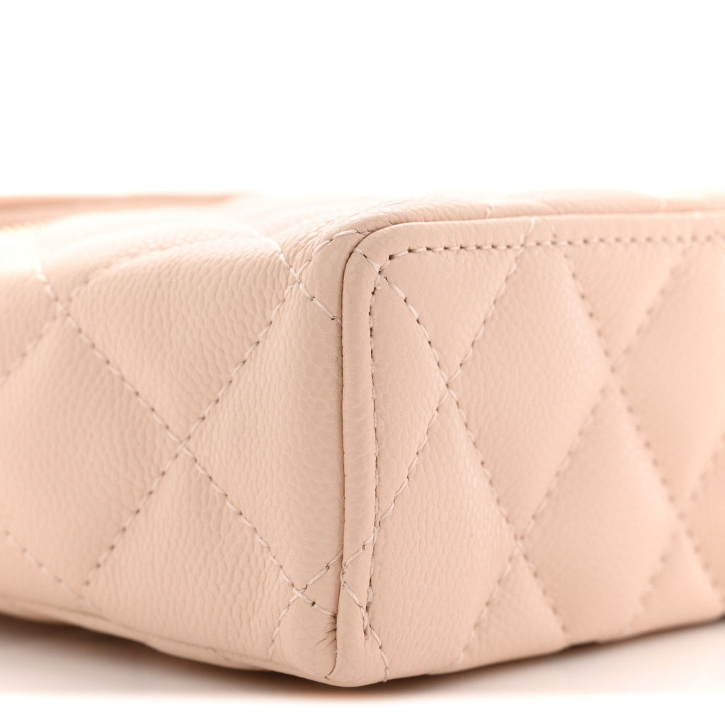Caviar Quilted Top Handle Slim Vanity With Chain Beige