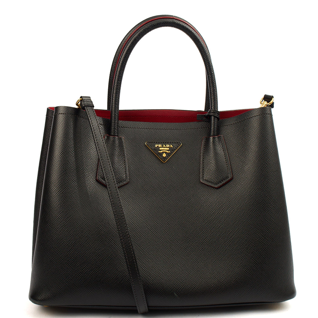 Prada Tote Double Tote - Medium in Black, Saffiano Leather