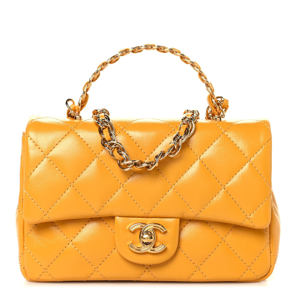 Shiny Lambskin Quilted Golden Links Top Handle Flap Yellow