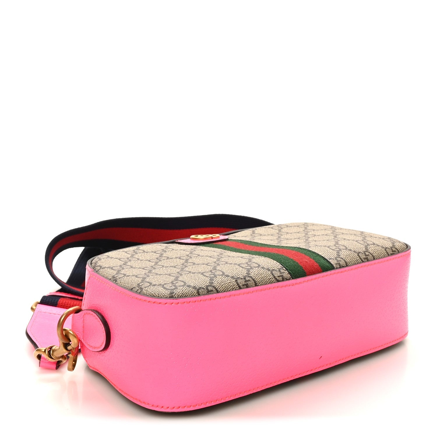 GG Supreme Monogram Textured Dollar Calfskin Web Ophidia Small Crossbody Bag Beige Ebony Fuchsia