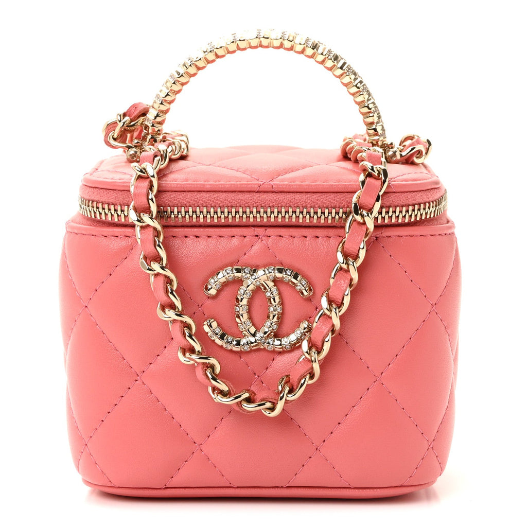 Lambskin Quilted Crystal Top Handle Mini Vanity Case With Chain Coral
