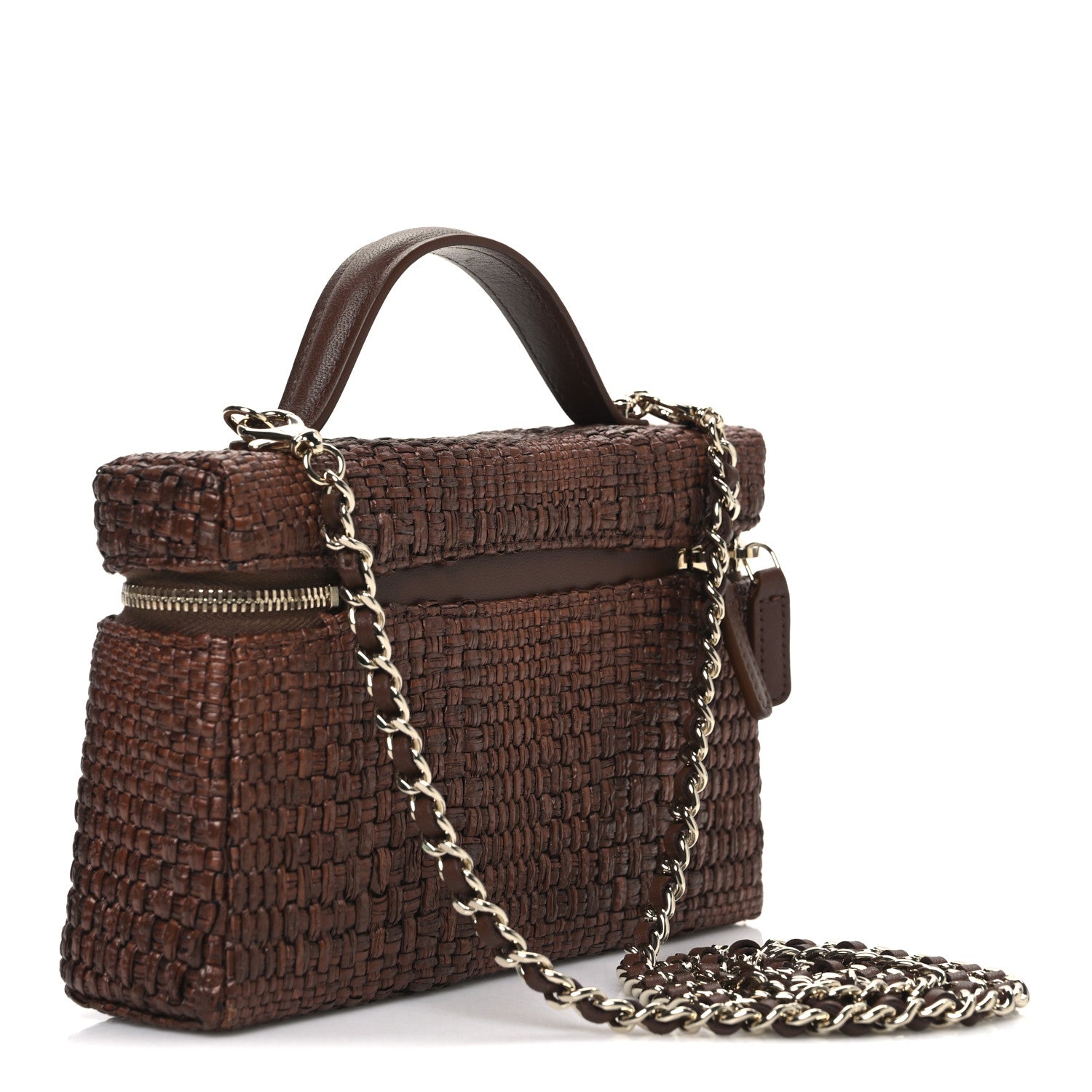 Braided Raffia Quilted Top Handle Slim Vanity With Chain Brown