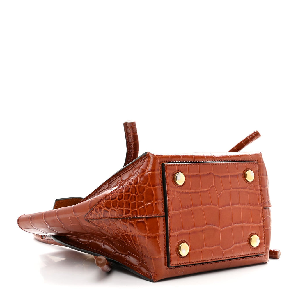 Calfskin Crocodile Embossed Small Pipe Bag Chestnut