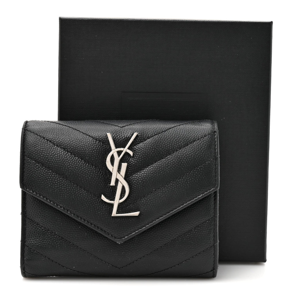 Grain De Poudre Matelasse Chevron Monogram Compact Tri Fold Wallet Black