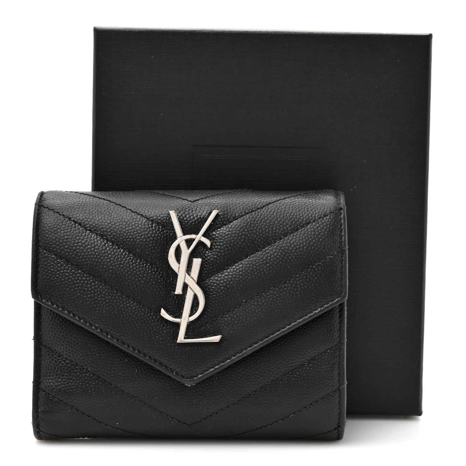Grain De Poudre Matelasse Chevron Monogram Compact Tri Fold Wallet Black