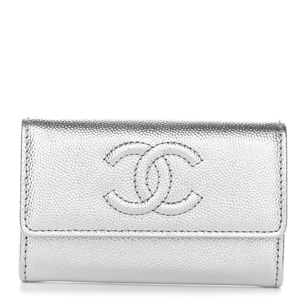 Metallic Caviar Timeless CC Flap  Holder Silver