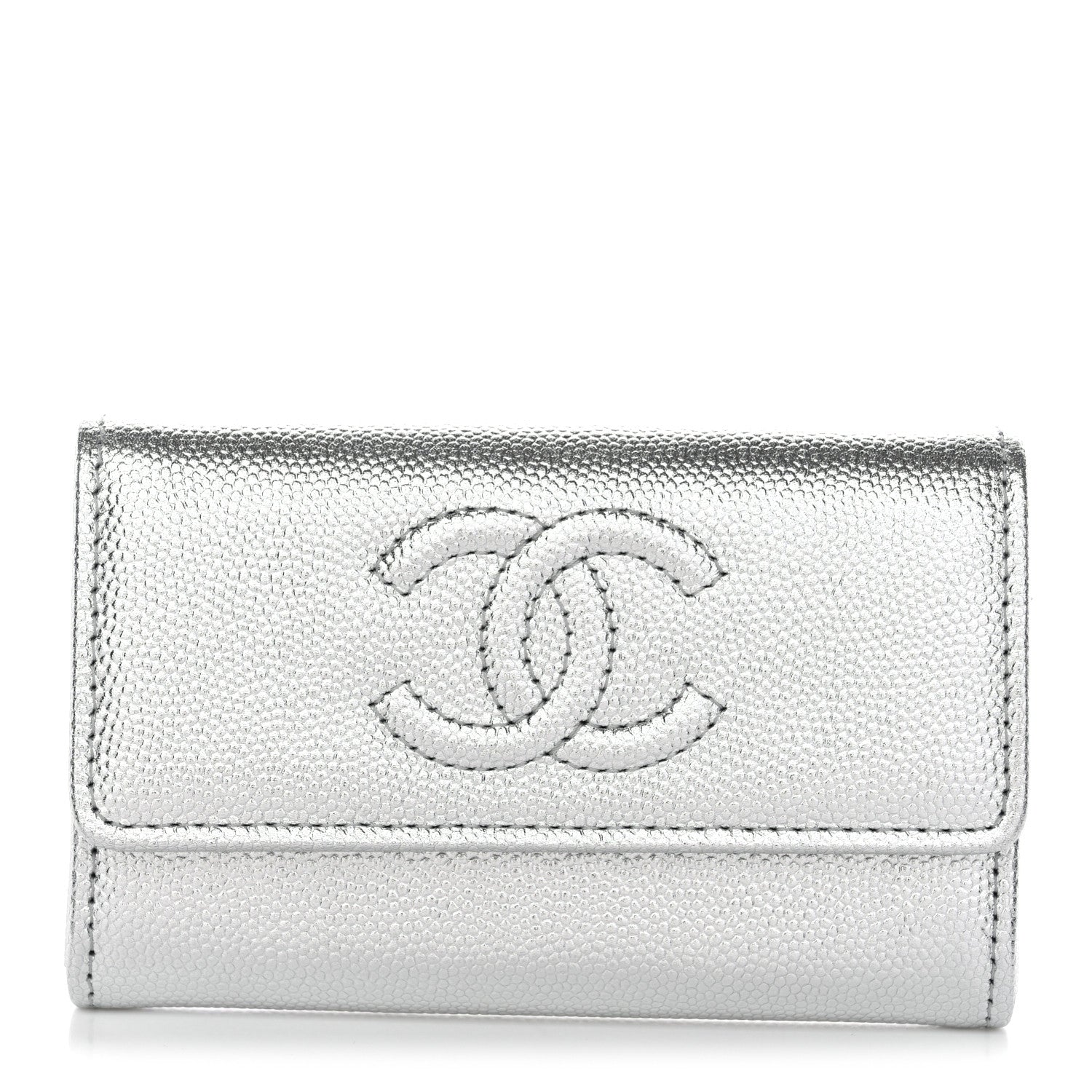 Metallic Caviar Timeless CC Flap  Holder Silver