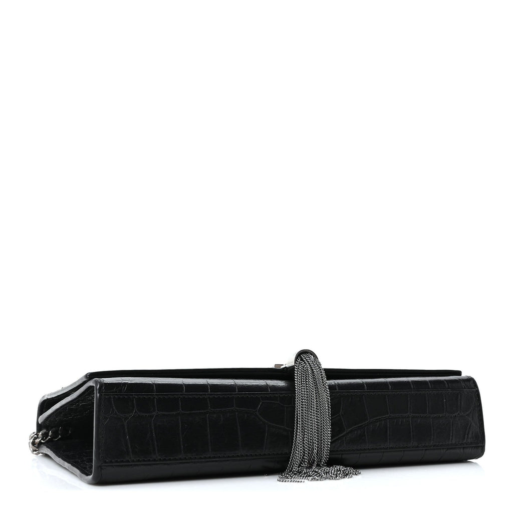 Calfskin Crocodile Embossed Medium Classic Monogram Kate Tassel Satchel Black