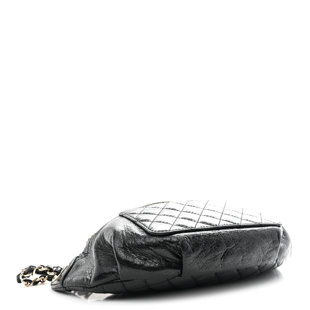 Crumpled Glazed Lambskin Quilted Waist Bag Fanny Pack Black