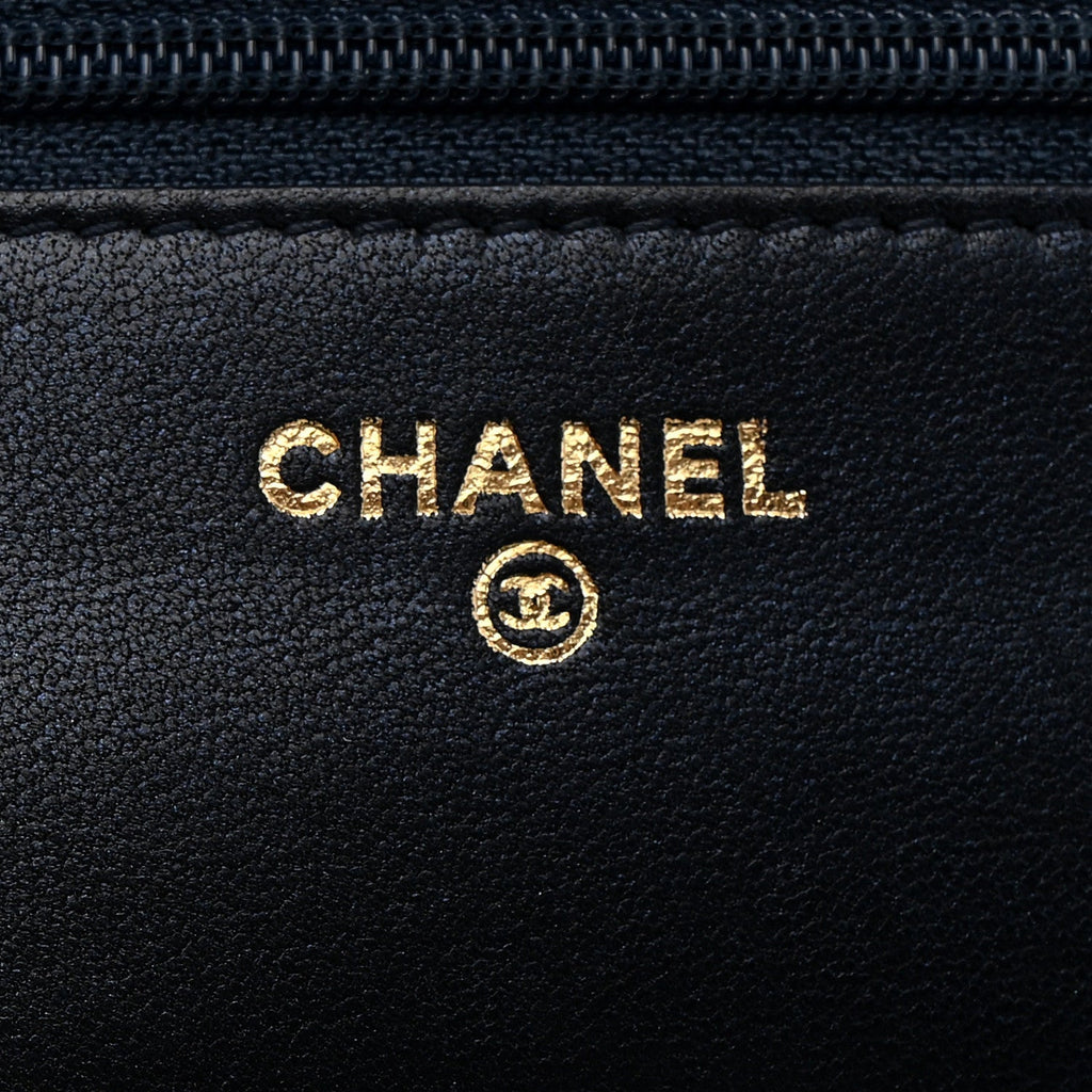 Metallic Lambskin Camellia Embossed Wallet on Chain WOC Navy