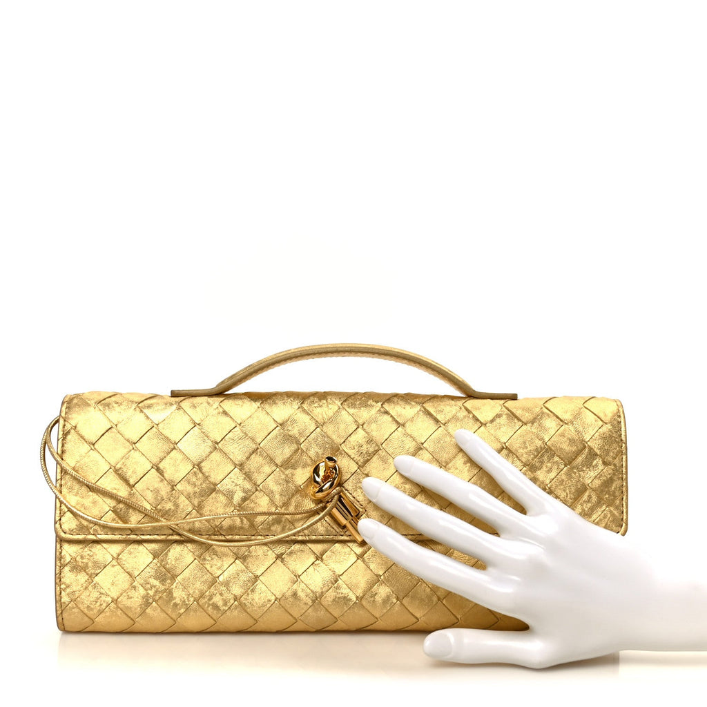 Metallic Satin Lambskin Intrecciato Long Andiamo Top Handle Clutch Gold