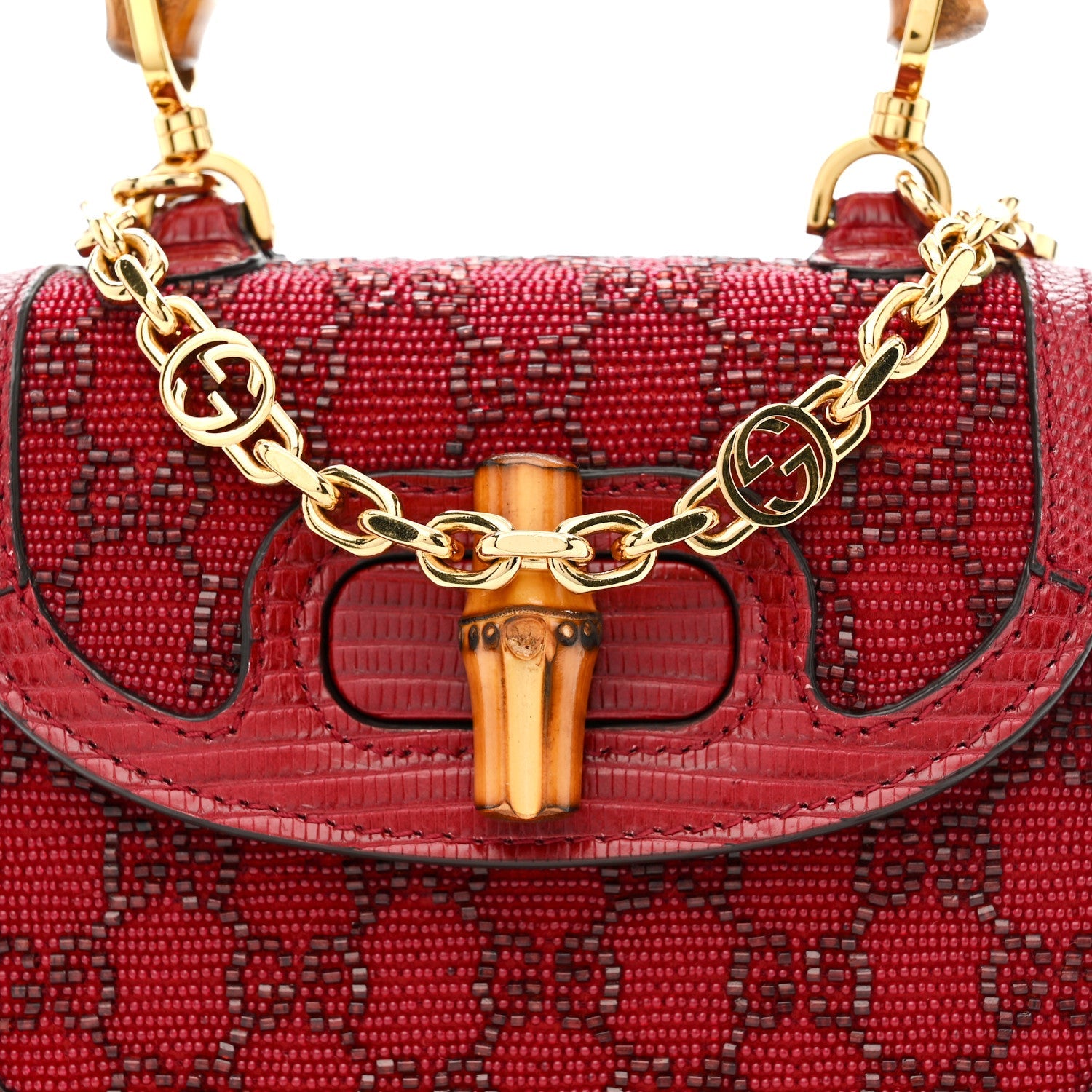 Moire Fabric Calfskin Rhinestone Monogram Monochrome Lizard Embossed Mini Bamboo 1947 Top Handle Chain Bag Red