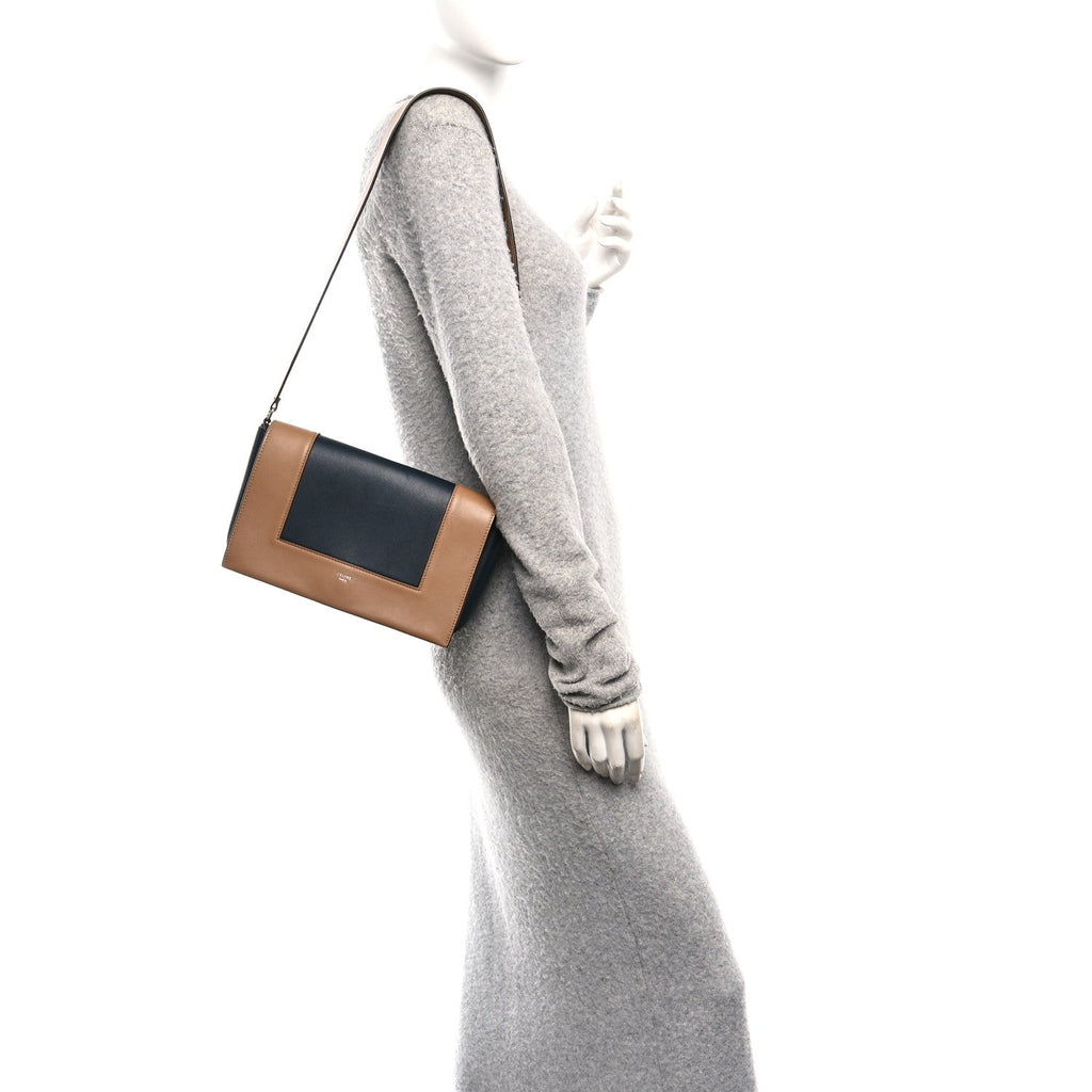 Shiny Smooth Calfskin Medium Frame Shoulder Bag Tan Navy