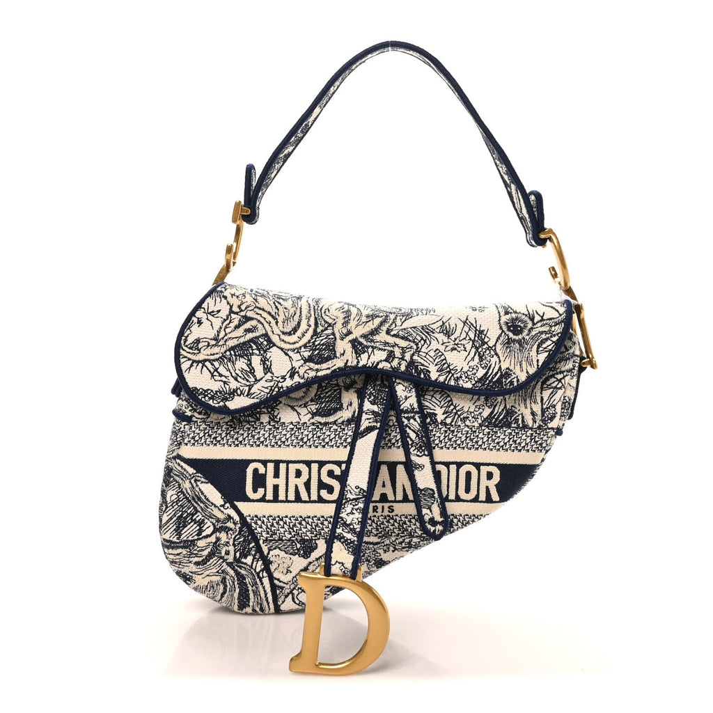 Canvas Embroidered Toile de Jouy Saddle Bag Blue