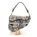 Canvas Embroidered Toile de Jouy Saddle Bag Blue