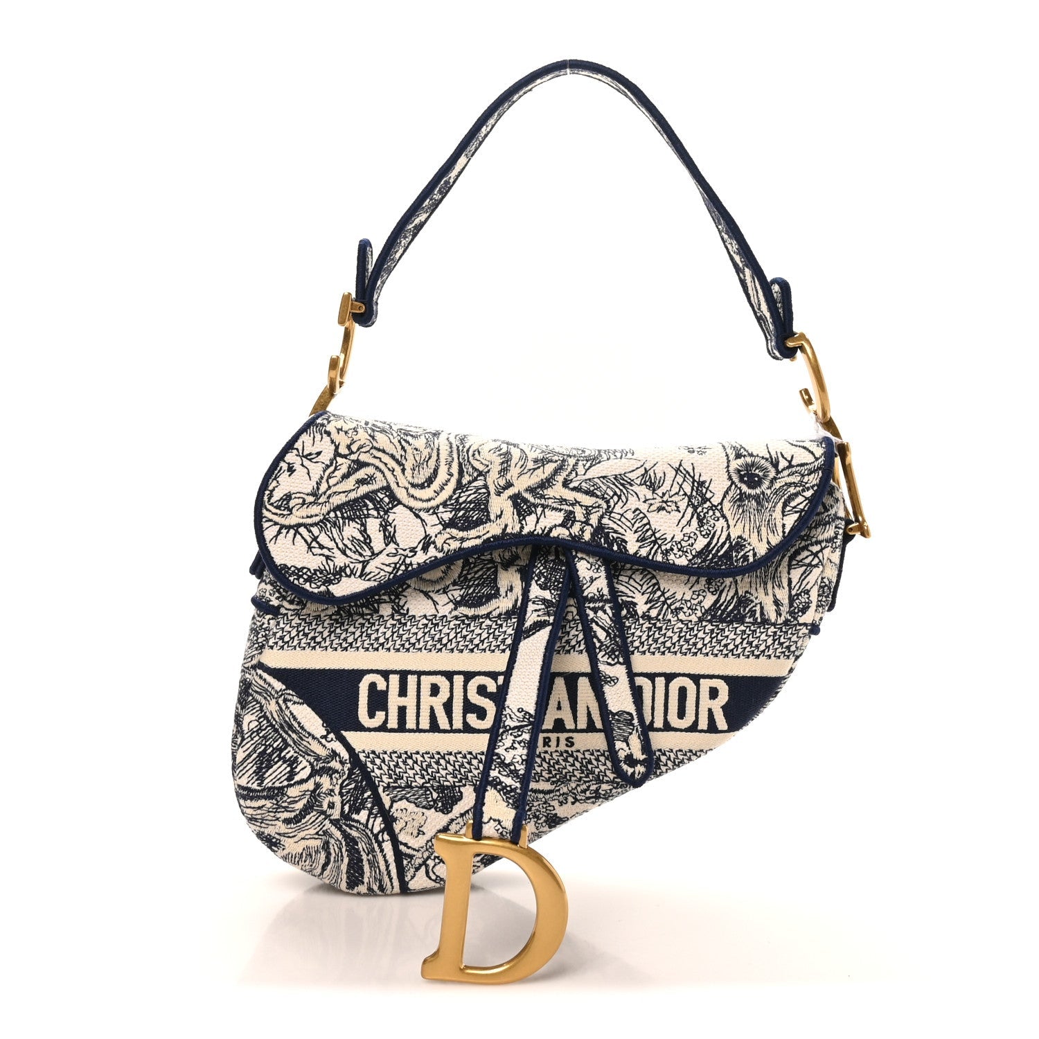 Canvas Embroidered Toile de Jouy Saddle Bag Blue