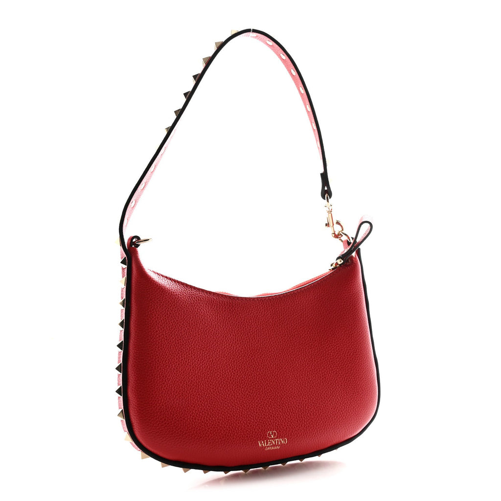 Grainy Calfskin Rockstud Mini Hobo Red