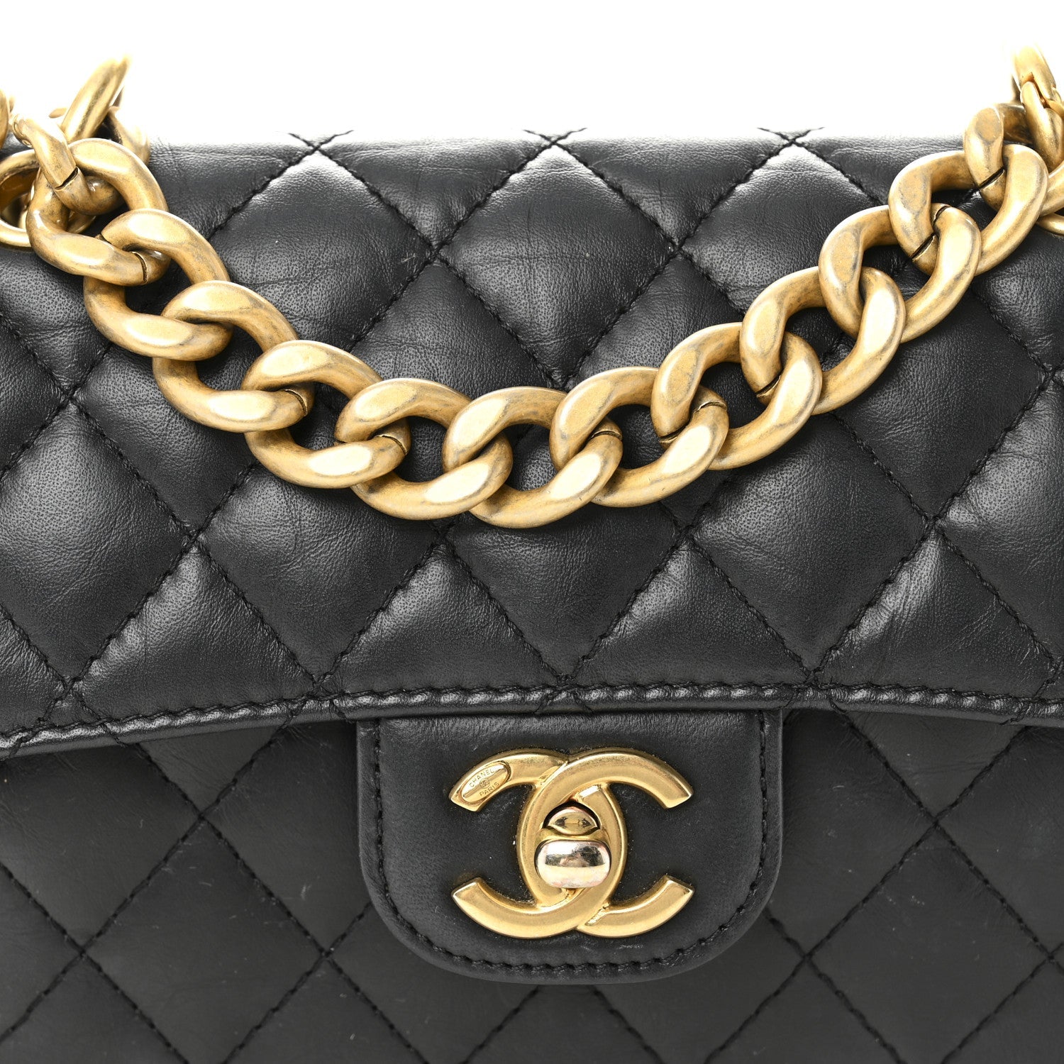 Aged Calfskin Quilted Double You Mini Flap Black